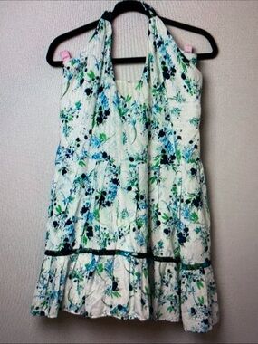 Free People White Floral Halter Mini Dress with Blue and Green Print